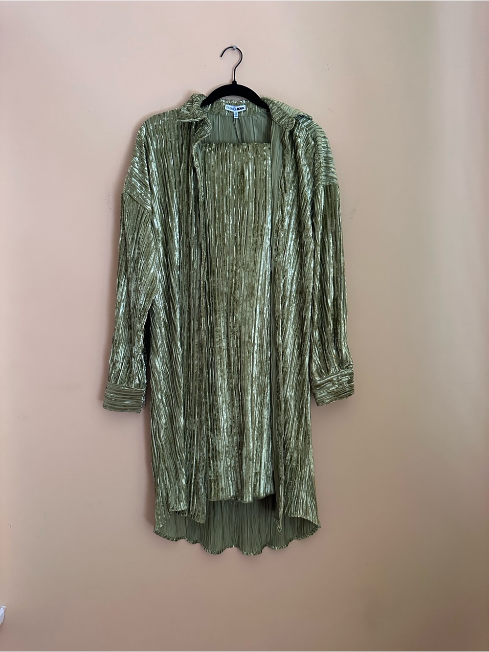 Fashion Nova Chartreuse Green Pleated Velvet-Feel Two-Piece Set, Oversized